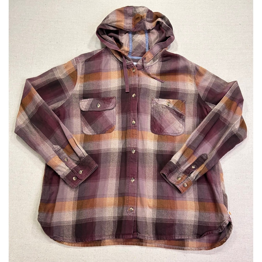 Carhartt Womens XXL Hubbard Plaid Hooded Flannel Long Sleeve Shirt Button Hoodie